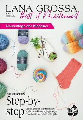 A flat lay of knitting supplies, including yarn balls, knitting needles, and a knitted sock, arranged on a white background. The image is a cover for a knitting magazine.