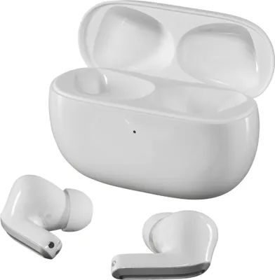 A pair of white wireless earbuds and their charging case are displayed against a white background.