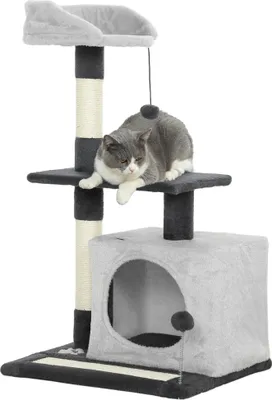 Produktbild von Katzenkratzbaum - Kletterturm - 85 cm Höhe - 3 Ebenen - Plattformen - Höhle - Sisalstämme - Spielbälle - Hellgrau
