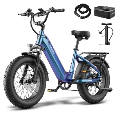 Produktbild von E-Bike 20 Zoll Alu-Fatbike mit tiefem Einstieg, 150 kg Zuladung, 15Ah Akku & Hydr. Scheibenbremsen, schillerndes Blau-Violett
