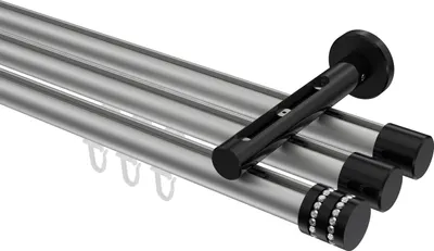 Produktbild von Interdeco Innenlaufstange / Gardinenstange mit Innenlauf Silbergrau / Schwarz, Typ Siteno Estana (Glitzerkappe), 20 mm Ø 3-läufig, 200 cm