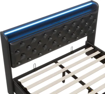 Produktbild von UnboxG Polsterbett 140x200cm mit  USB und Typ C, Boxspringbett Doppelbett mit Stauraum und Lattenrost, Jugendbett mit Led, Massivholzbett Funktionsbett, PU, Schwarz