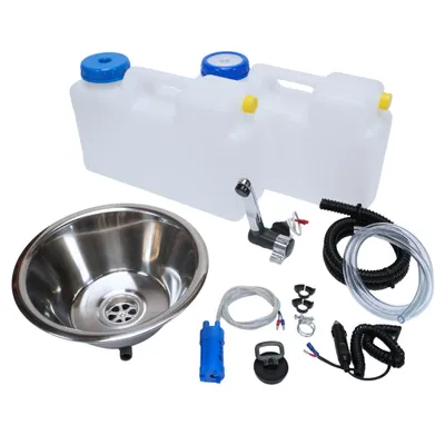 Produktbild von 12V Camping Spüle rund 28cm Bausatz mit 12L Kanister Spülbecken Waschbecken Set