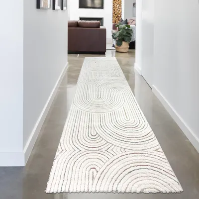 Produktbild von Teppich im stilvollen Bogenmuster in Beige mit bunten Streifen Größe - 80 x 300 cm