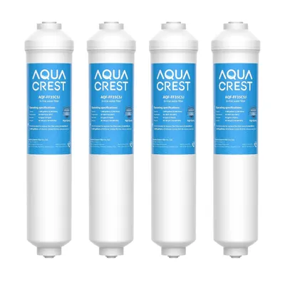 Four white in-line water filters are arranged in a row against a white background.