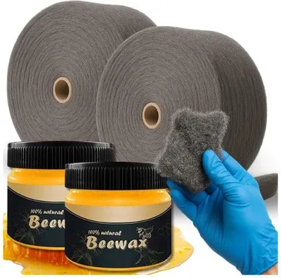 Produktbild von Beewax 2 x 80g Möbelwachs Set mit 2 kg Stahlwolle 0+00 Nitrilhandschuhen Holzpflege Möbelpolitur Natürliches Bienenwachs für Holz Parkett Möbel Türen