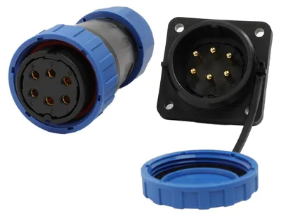 Obrázek produktu pro Elektrický 6-pinový konektor, vodotěsný, 25A, určený pro montáž kabelů, s šroubovým připojením