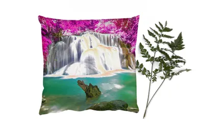 Produktbild von MuchoWow® Zierkissen Sofakissen Wohnzimmer Dekokissen 40x40 cm Wasserfall - Rosa - Bäume - Foto Kissen - Schlafzimmer Dekoration