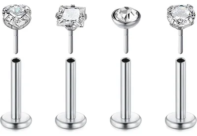 Image de Piercing labial, modèle labret, tige en acier chirurgical 16G, dimensions 1,2 x 8 mm, couleur argent, lot de 4