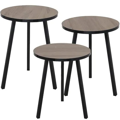 3er-Set runde Beistelltische Holz/Metall, 38x51/48/45 cm, schwarz/natur
