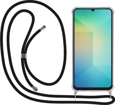 A transparent phone case with a black lanyard attached, shown against a white background.