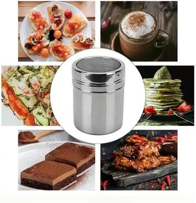 Obrázek produktu pro posypovač na kakao – posypovač na kakao pro baristy – 7 x 5 cm – stříbrný – s bylinkami a skořicí
