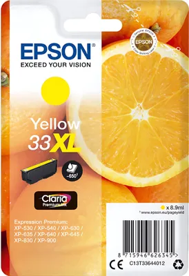 Zdjęcie produktu dla Epson Oranges Singlepack Yellow 33XL Claria Premium Ink, Wysoka (XL) wydajność, Żółty, Tusz na bazie pigmentu, 8,9 ml, 1 szt., 650 stron(y)