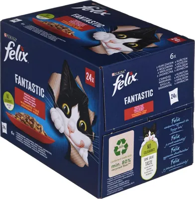 A cardboard box containing multiple servings of Felix Fantastic cat food.