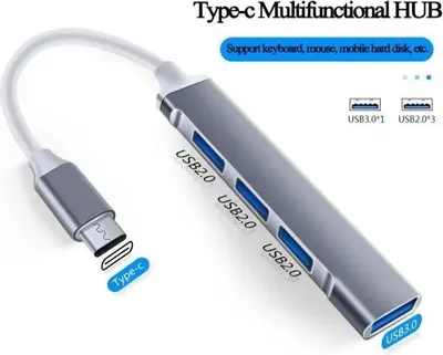 Produktbild von USB-C Hub 4-in-1 Adapter – Silber – 1x USB 3.0 + 3x USB 2.0 – Kompakt & Schnell – Plug & Play – Für Laptop, Tablet & Smartphone