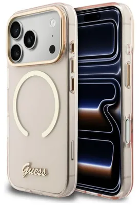 Obrázek produktu pro Kovové pouzdro Guess IML Script MagSafe pro iPhone 17 Pro - růžové