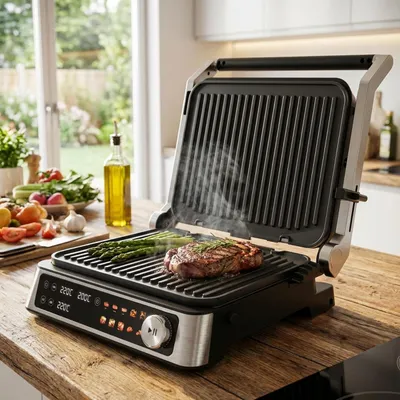 Produktbild von Vielseitiger Kontakt-Grill mit Farbdisplay & 2 Zonen: Leistungsstarker Elektrogrill für Steak, Sandwich, Fisch & Gemüse – Perfekter Tischgrill