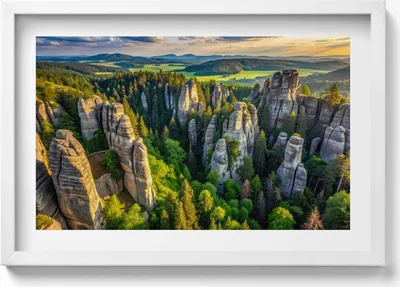 Produktbild von Landschaft mit malerischen Bergen und Wäldern aus der Vogelperspektive– Wandbild mit Rahmen – Gerahmtes Bild  – Wanddekoration – 60x40 cm –  Schwarz Rahmen