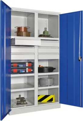 Produktbild von Schwerlastschrank - Vollblechtüren - Trennwand - 6 Böden - 6 Schubladen, 175 mm - 1.950x1.040x630 mm (HxBxT) - zinkgelb/rubinrot
