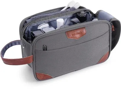 Immagine prodotto di Borsa da toilette impermeabile da uomo, grigia, in materiale riciclato, con doppia cerniera