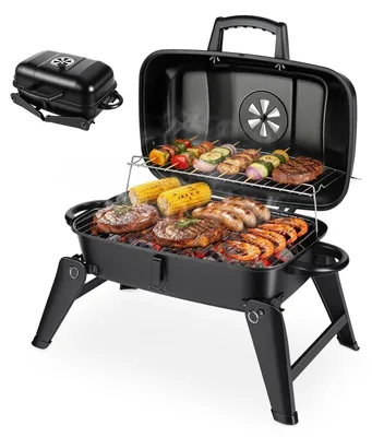 Produktbild von Campinggrill, tragbarer Holzkohlegrill, 2-in-1-Funktion, klappbarer Grill mit Holzgriff, schwarz