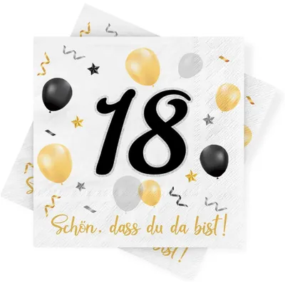 Productafbeelding van Servetten, 18e verjaardag, zwart en goud, 30 stuks, 3-laags, papieren servetten, tafeldecoratie