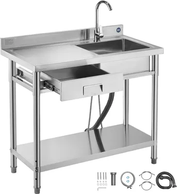 Zdjęcie produktu dla Zlewozmywak – zlewozmywak kuchenny ze stali nierdzewnej, pojedyncza komora 100 x 50 x 94 cm – z baterią – z szufladą – blat po lewej stronie – wolnostojący – do gastronomii i użytku na zewnątrz