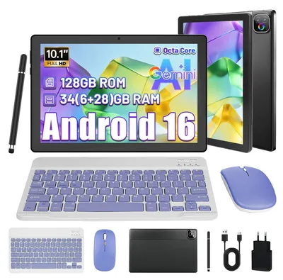 Obrázek produktu pro Tablet s Androidem 16, 10,1 palce, HD, 34 (6+28) GB RAM + 128 GB, s klávesnicí, myší a stylusem, Widevine L1, Wi-Fi 6, Gemini AI
