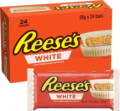 Produktbild von Reese’s Peanut Butter Cups White – 24 Stück (24 x 39,5 g) – Erdnussbutter in weißer Schokolade – Original +Heartforcards Versandschutz