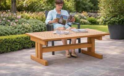Immagine prodotto di Tavolino da giardino in stile moderno, in legno marrone, comodo, resistente, basso