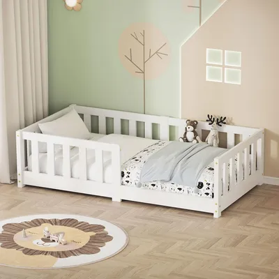 Produktbild von ML-Design Kinderbett 70x140 cm Weiß Bodenbett für Kinder mit Lattenrost und Rausfallschutz Jugendbett aus massivem Kiefernholz Bettgestell Babybett