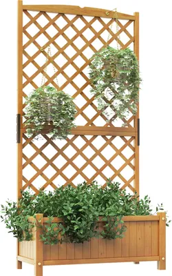 A wooden trellis with a planter box filled with green plants, and two hanging baskets with plants.