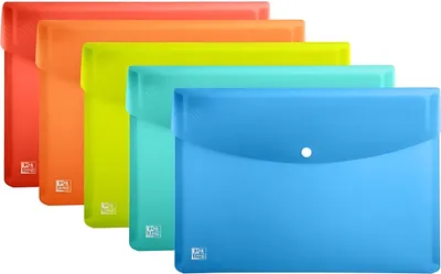 A set of five translucent plastic document wallets in different colors.