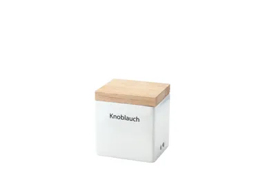 A white storage container with a wooden lid, labeled 'Knoblauch'.