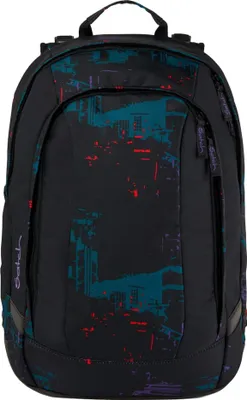 A black backpack with a colorful abstract pattern.