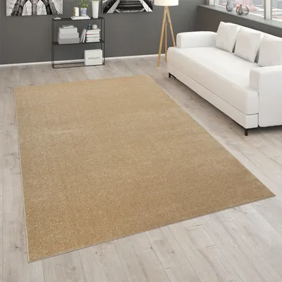 A living room scene with a beige rug, a white sofa, and a shelf with books and decor.