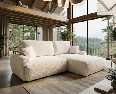 Produktbild von Ecksofa Malvito Nordelo mit Schlaffunktion und Bettkasten, Universal L/R, Stoff ARENA Bouclé - 1 Weiß, 260 cm
