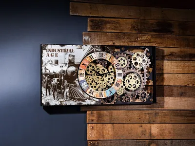 Produktbild von Metall Wanduhr Industrial bewegenden Zahnrädern und Vintage Zugabbildung