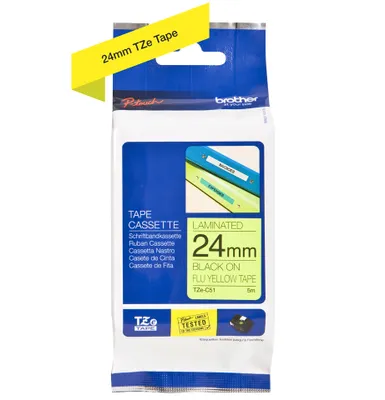 Zdjęcie produktu dla Brother TZC51 - Taśma laminowana - czarna na żółtym - rolka (2,4 cm x 8 m) - do P-Touch 1400, 1650, 2200, 2300, 24XX, 27XX, 3600, 550, 7500, 7600, 9500, 9600, 9700, 9800 (TZC51)