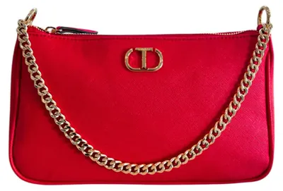Produktbild von Handtasche für Damen, rot, aus 100% veganem Polyurethan, mit goldfarbener Kettenkette als Schulterriemen