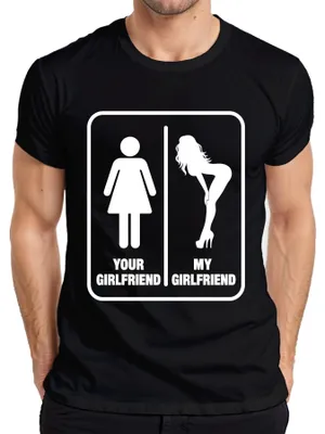 Productafbeelding van "Jouw vriendin, mijn vriendin. Grappig, y, sarcastisch. Heren T-shirt, zwart, maat XL."
