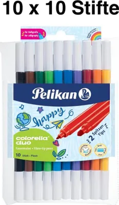 Produktbild von Pelikan, Colorella Duo, Fasermaler, 10 Farben Etui, 100 Stifte insgesamt, ideal für kreative Projekte.