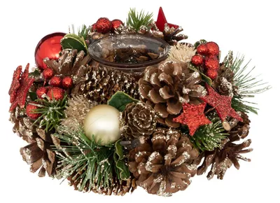 Image de Bougeoir en pommes de pin et boules de Noël, 19 cm