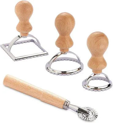 Produktbild von Ravioli-Snider-Set - 4-teilig - Holz-Roller - Pastawiel - Zinklegering - Holz-Handgriff - Pastamachine - Ravioli-Snider