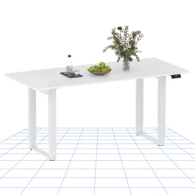 A white adjustable height desk with a bowl of apples, a bottle of water, and a vase of flowers on top.