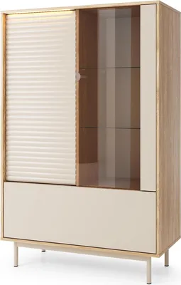 Produktbild von BETTSO Vitrine LATILO in geölter Eiche mit Kaschmirfronten und dezenter LED-Beleuchtung