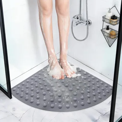 Produktbild von Duschmatte rutschfest PVC Viertelkreis 80x80 cm Grau mit Saugnäpfen und Ablauflöchern