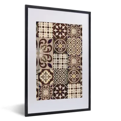 Produktbild von MuchoWow® Gerahmtes Poster Retro - Muster - Braun - Abstrakt 40x60 cm - Poster mit Schwarzem Bilderrahmen Wandposter Rahmen Foto Bilder - Poster in Rahmen