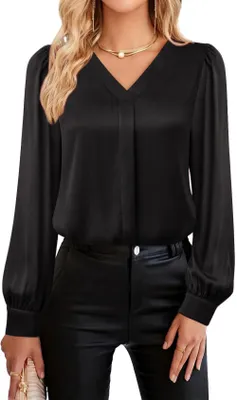 Image de Blouse en satin, décolleté en V, manches longues, noire