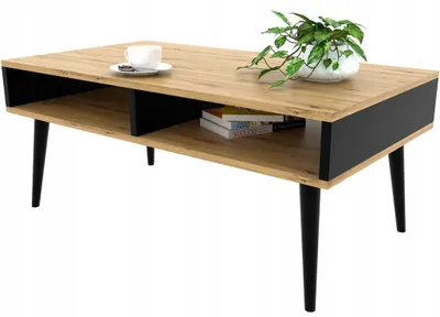 Produktbild von Couchtisch EICHE/SCHWARZ Wohnzimmertisch Mit Ablage Tisch Retro